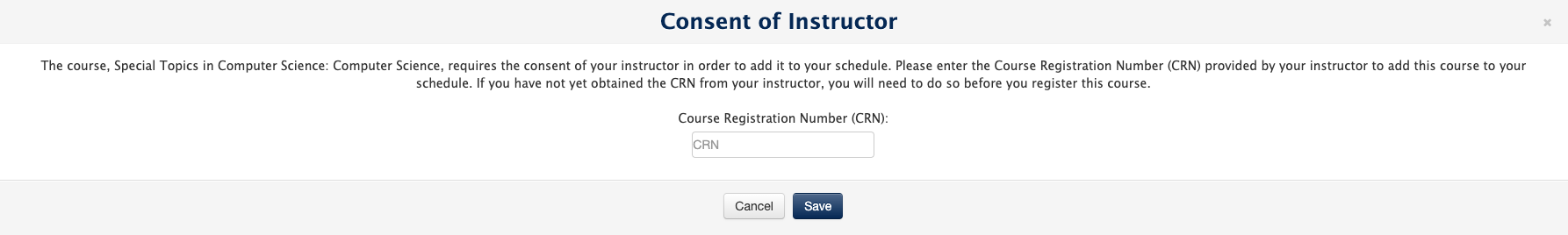 Screenshot of Schedule Builder Consent of Instructor screen where the CRN must be retyped.