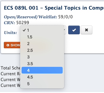 Screenshot of the dropdown box on Schedule Builder to select the correct amount of units.