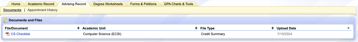 Displays view of OASIS Advising Record with uploaded PDF of Major Checklist
