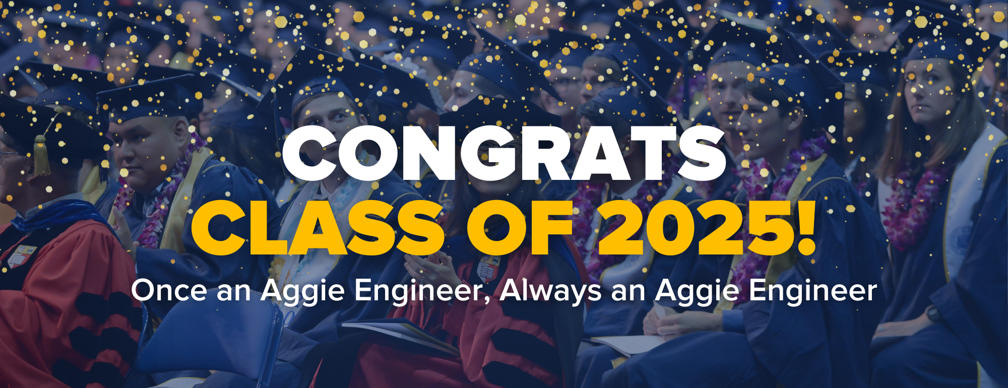Text that reads "Congrats Class of 2025! Once an Aggie Engineer, Always an Aggie Engineer" on a backdrop of graduating students