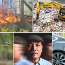 Collage of 5 images that depict a fire in a forest, heavy machinery in trash heap, drone, person with motion blue and electric vehicle