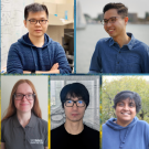 five faculty headshots on a blue and yellow background