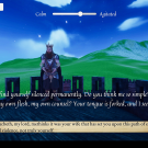 Video game screenshot: Macbeth in castle with green mountains and blue sky in background