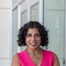 Raissa M. D'Souza, associate dean of research for the UC Davis College of Engineering wearing a pink vest and standing with her arms crossed