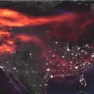 A satellite image of North America from space with an overlay of red and orange gasses